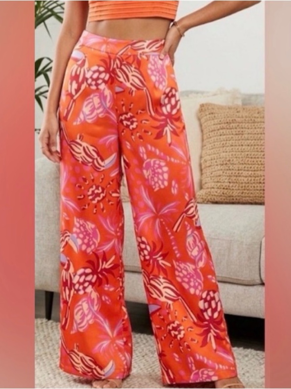House of Harlow 1960 Vibrant Orange and Pink Floral Wide-Leg Pants